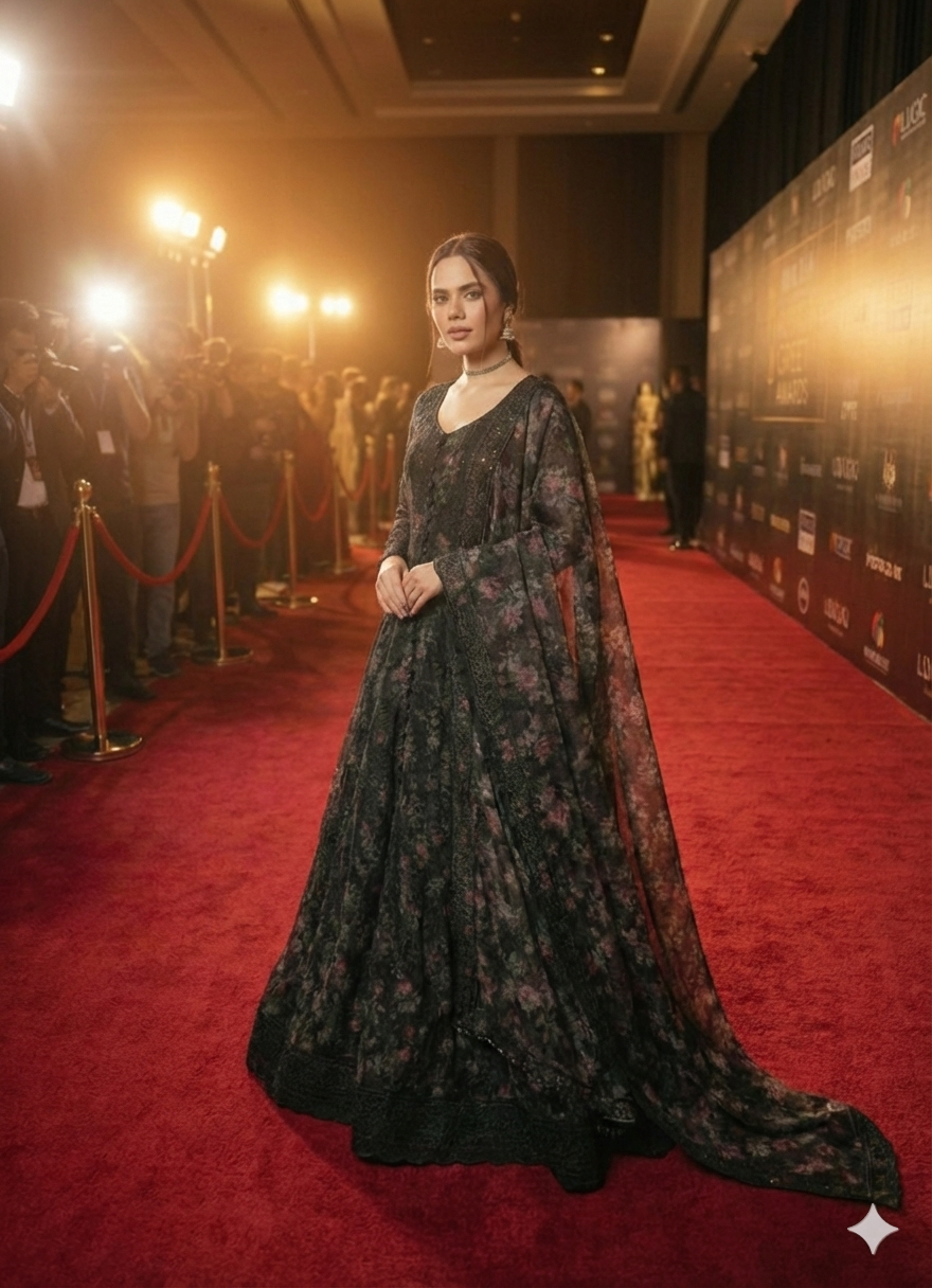 Premium Black Printed Pure Silk 3-Piece Maxi Suit