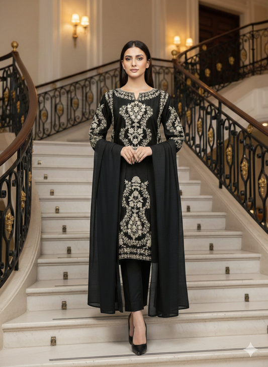 Premium Pure Lawn 3-Piece Suit – Heavy Floral Embroidery