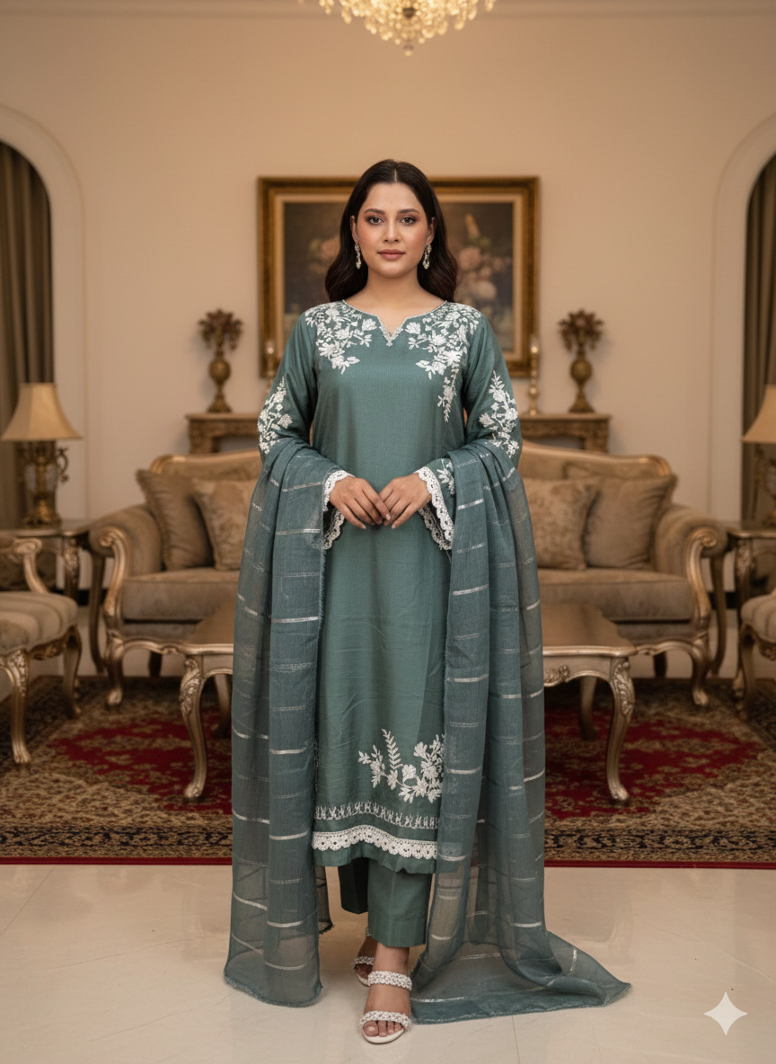 Soft Cotton 3 Piece Embroidered Suit – Elegant Androidry Work | All-Season Wear