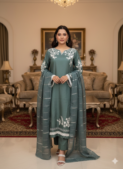 Soft Cotton 3 Piece Embroidered Suit – Elegant Androidry Work | All-Season Wear
