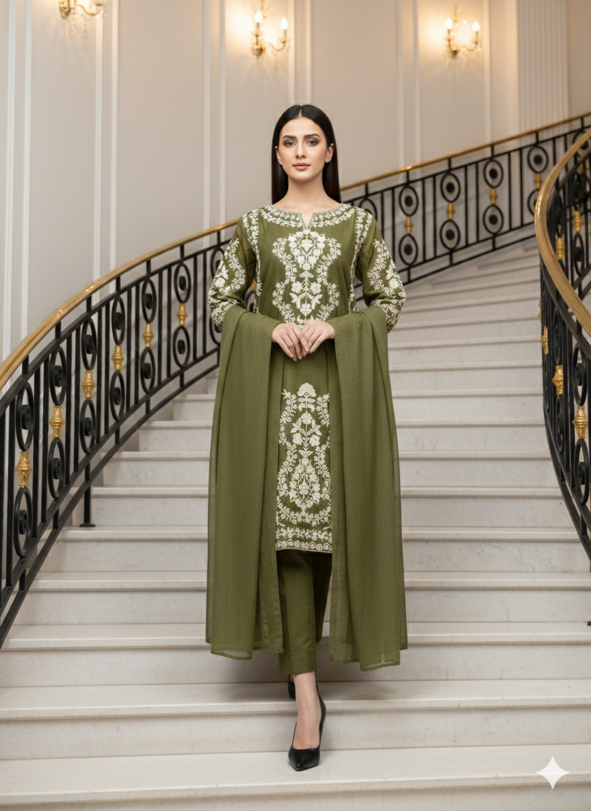 Premium Pure Lawn 3-Piece Suit – Heavy Floral Embroidery
