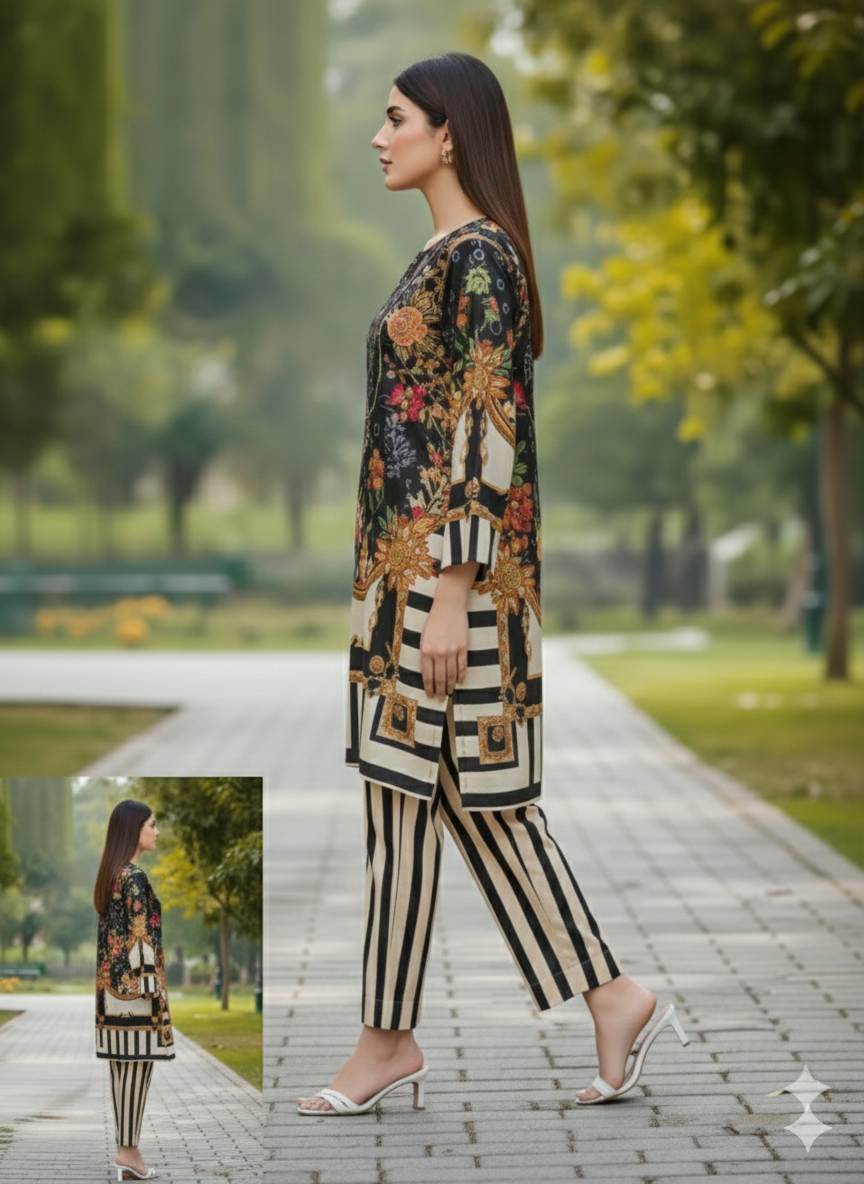 Luxury Pure Silk 2-Piece Printed Suit