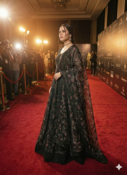 Premium Black Printed Pure Silk 3-Piece Maxi Suit