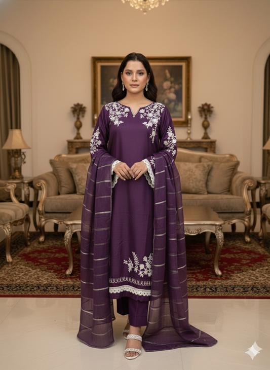 Soft Cotton 3 Piece Embroidered Suit – Elegant Androidry Work | All-Season Wear