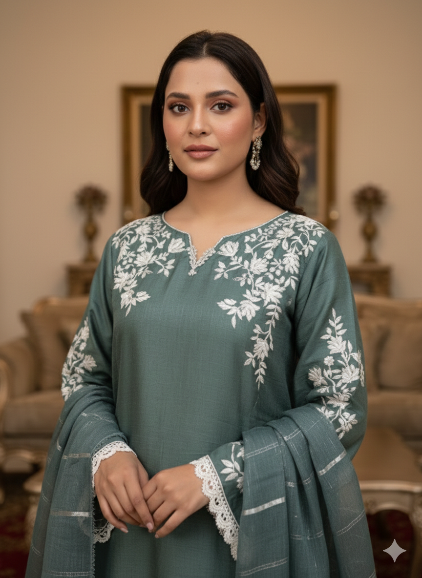 Soft Cotton 3 Piece Embroidered Suit – Elegant Androidry Work | All-Season Wear