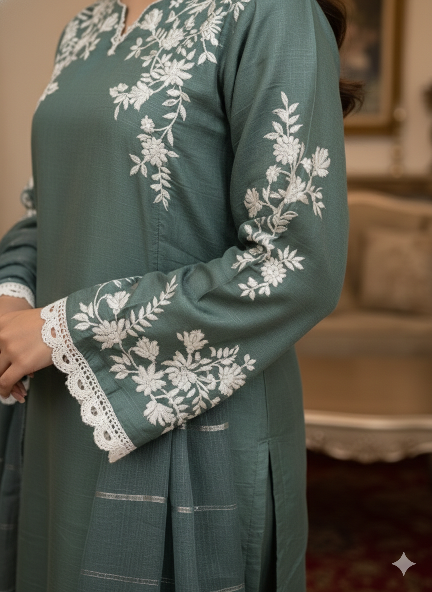 Soft Cotton 3 Piece Embroidered Suit – Elegant Androidry Work | All-Season Wear