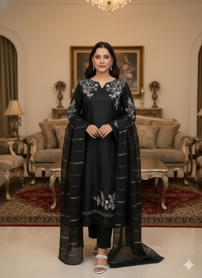 Soft Cotton 3 Piece Embroidered Suit – Elegant Androidry Work | All-Season Wear