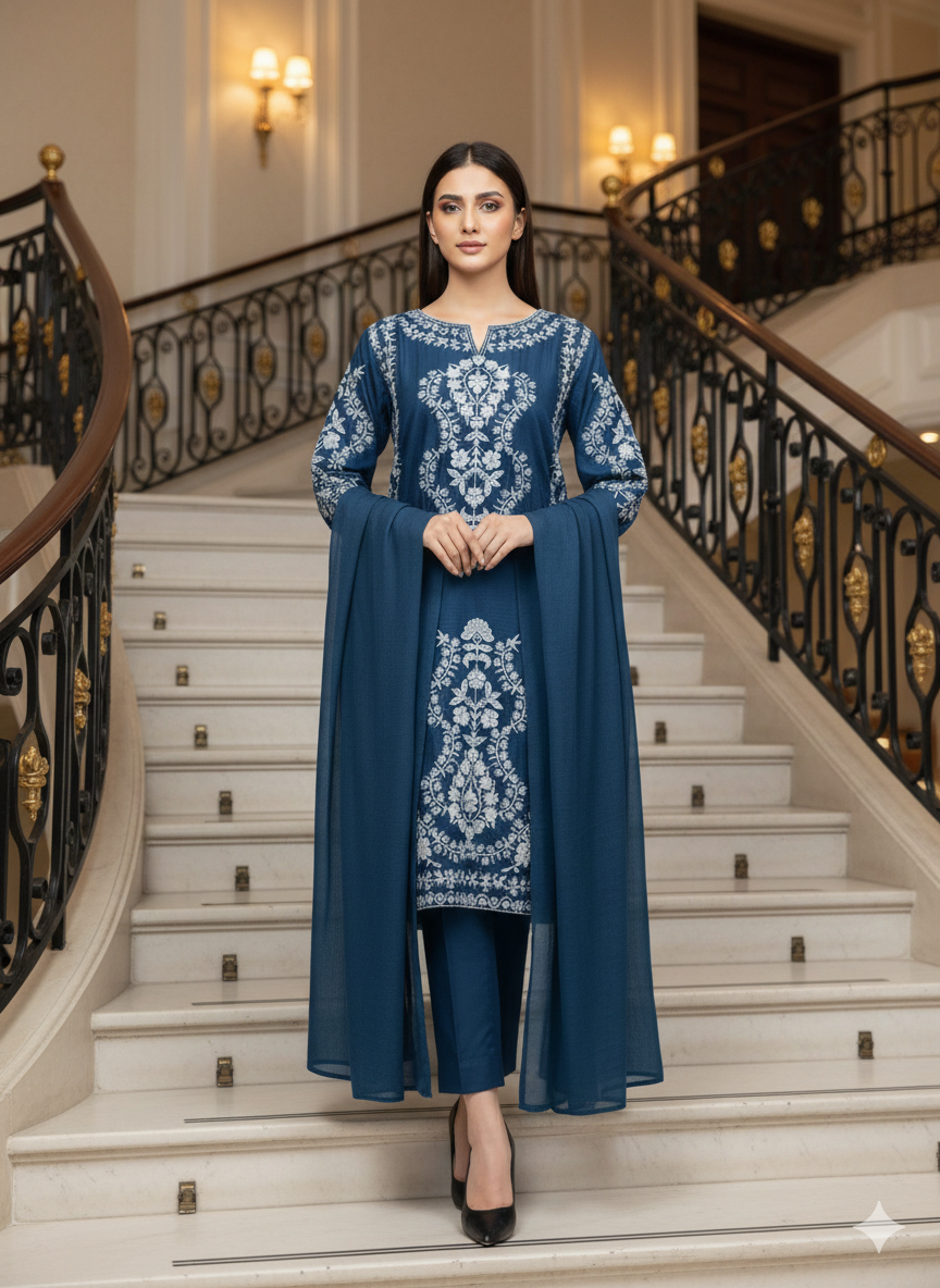 Premium Pure Lawn 3-Piece Suit – Heavy Floral Embroidery