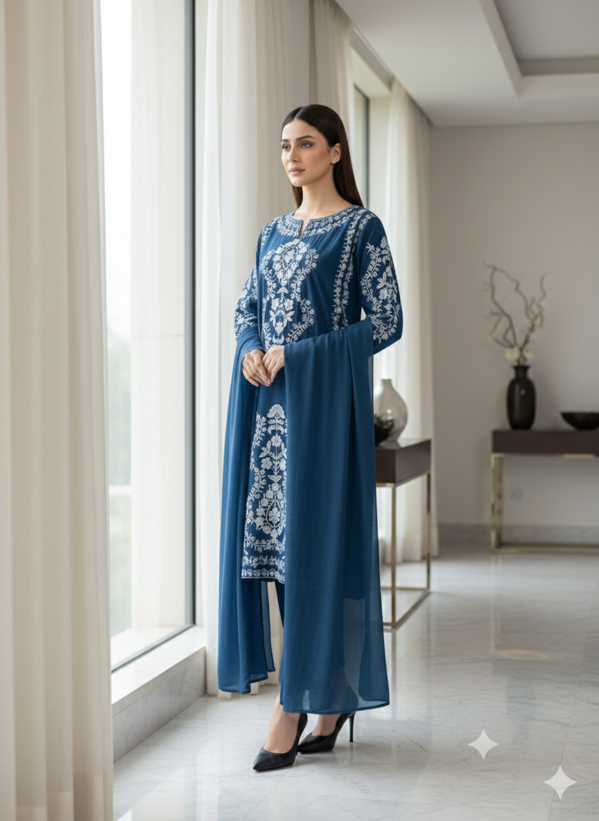 Premium Pure Lawn 3-Piece Suit – Heavy Floral Embroidery