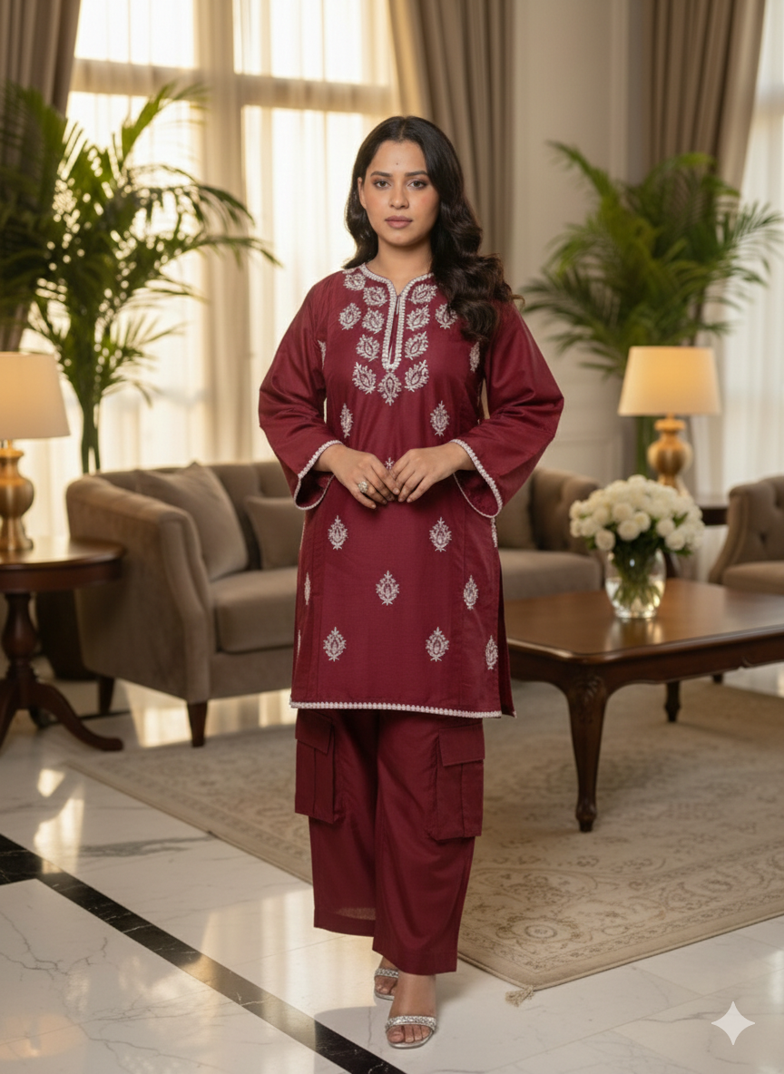 Premium Cotton 2-Piece Co-ord Set - Trendy Cargo Trouser & Shirt (Maroon/Black/Tea Blue/Camel)