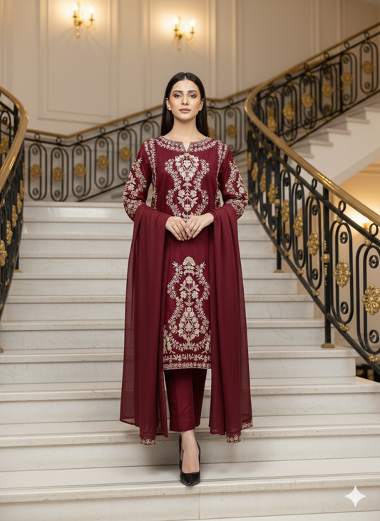 Premium Pure Lawn 3-Piece Suit – Heavy Floral Embroidery