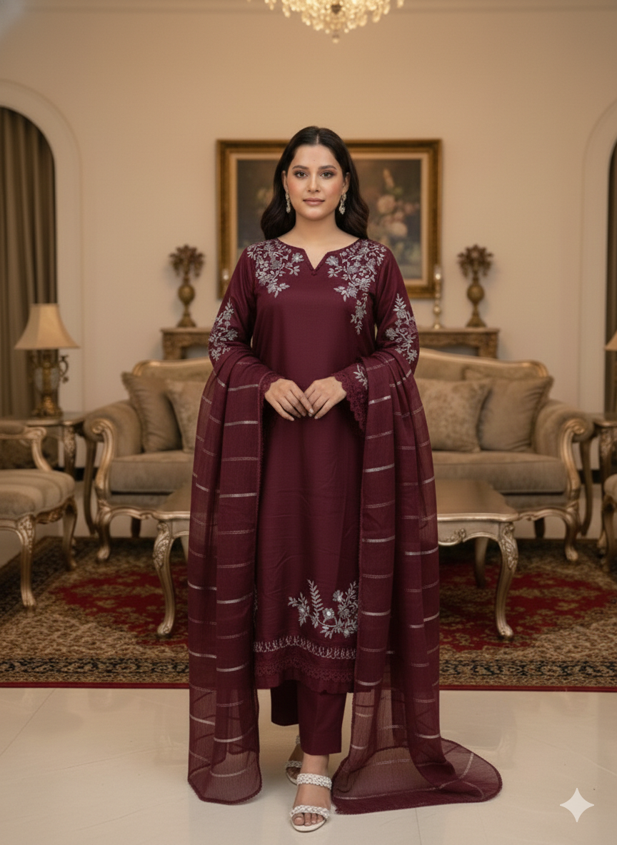 Soft Cotton 3 Piece Embroidered Suit – Elegant Androidry Work | All-Season Wear